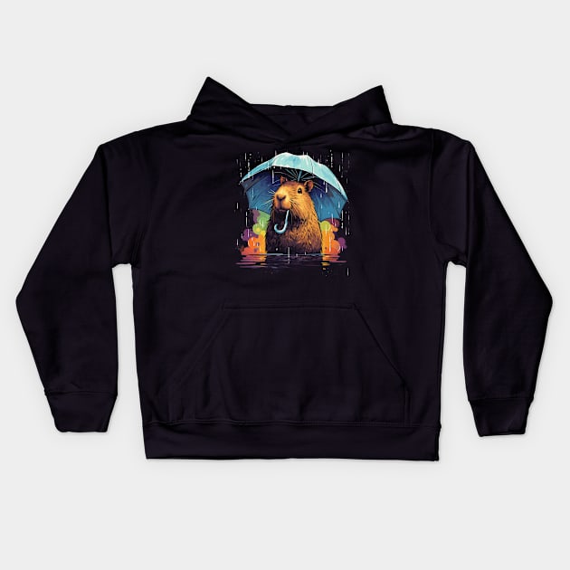 Capybara Rainy Day With Umbrella Kids Hoodie by JH Mart